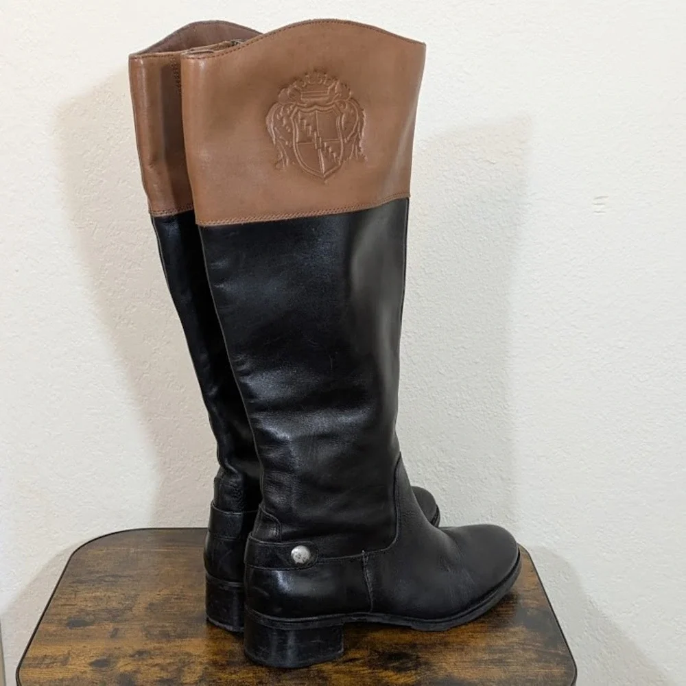 Franco Sarto Tall Riding Boots Black Brown Leather Crest Detail Women‎ US 8